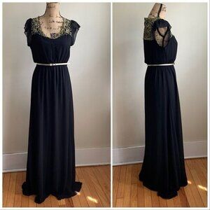 Zeze black dress with gold embroidery neckline size M long maxi